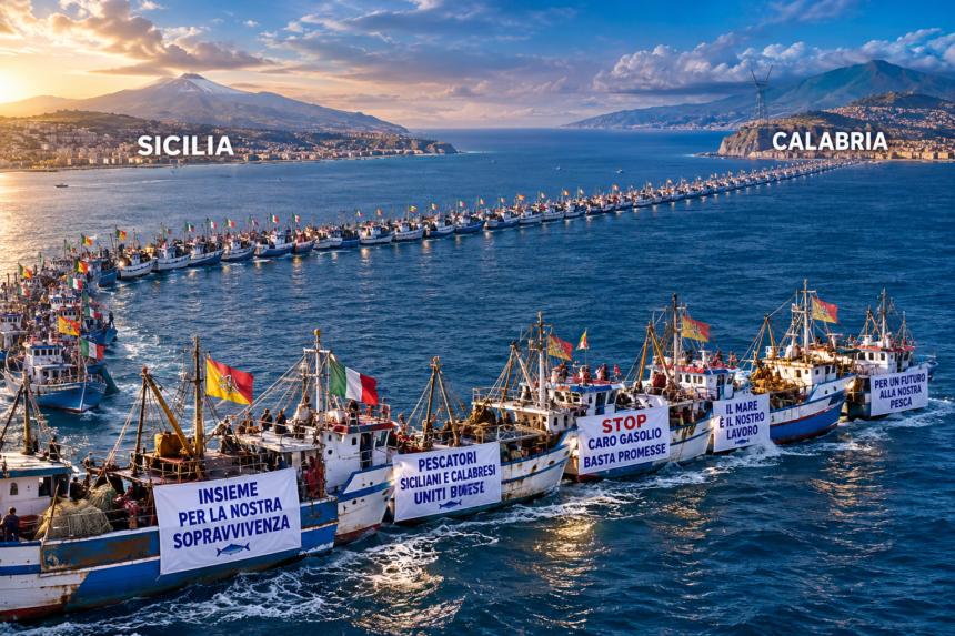 ponte di 100 pescherecci CARO GASOLIO, 100 PESCHERECCI PRONTI A MOBILITARSI NELLO STRETTO DI MESSINA: VERTICE IN PREFETTURA, ORA LA PAROLA PASSA AL GOVERNO